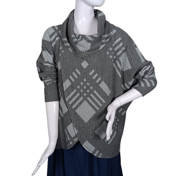 LuLaRoe Tops - LulaRoe Cowl Neck Overlap Top Size Medium Plaid Gray Long Sleeve